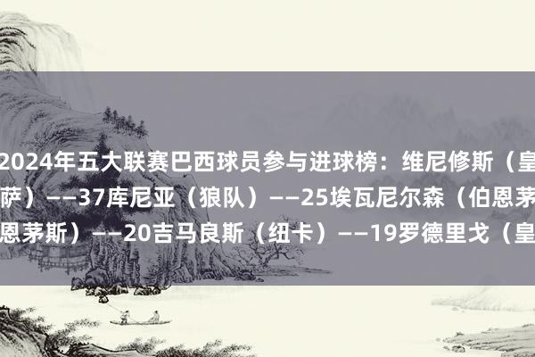 2024年五大联赛巴西球员参与进球榜：维尼修斯（皇马）——47拉菲尼亚（巴萨）——37库尼亚（狼队）——25埃瓦尼尔森（伯恩茅斯）——20吉马良斯（纽卡）——19罗德里戈（皇马）——19    体育集锦